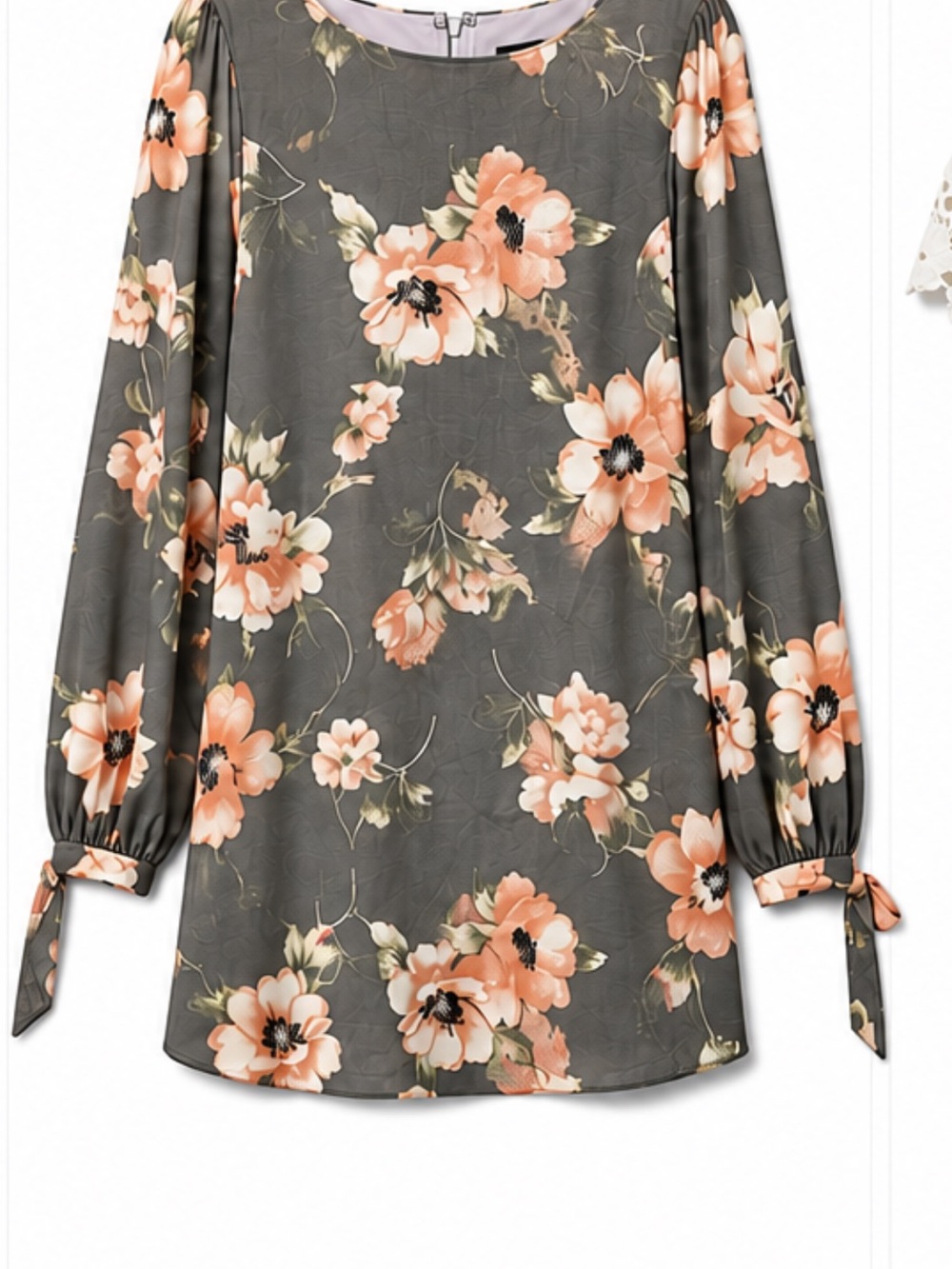 Everly Tie-Cuff Floral Long-Sleeve Tunic - Gray with Peach Floral